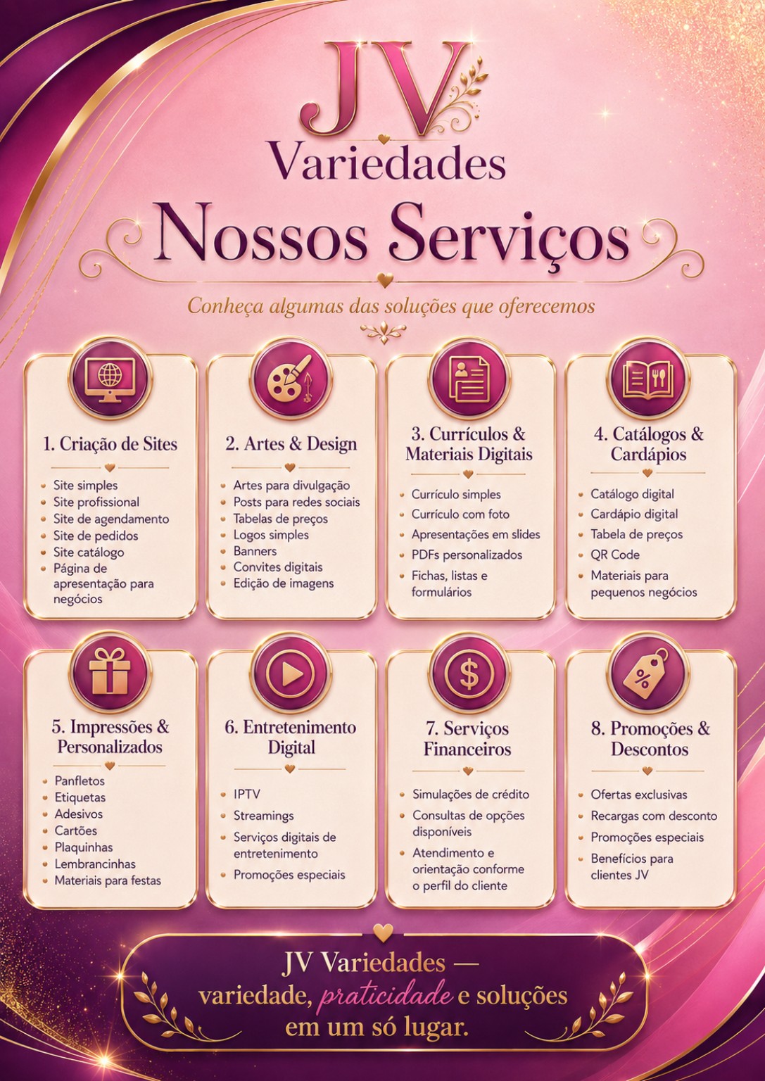 Arte com catálogo de serviços da JV Variedades